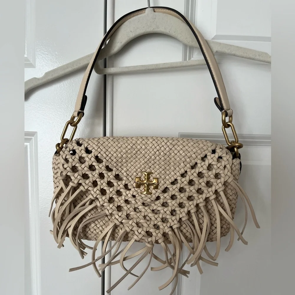Tory Burch Woven Fringe Shoulder Bag in Beige